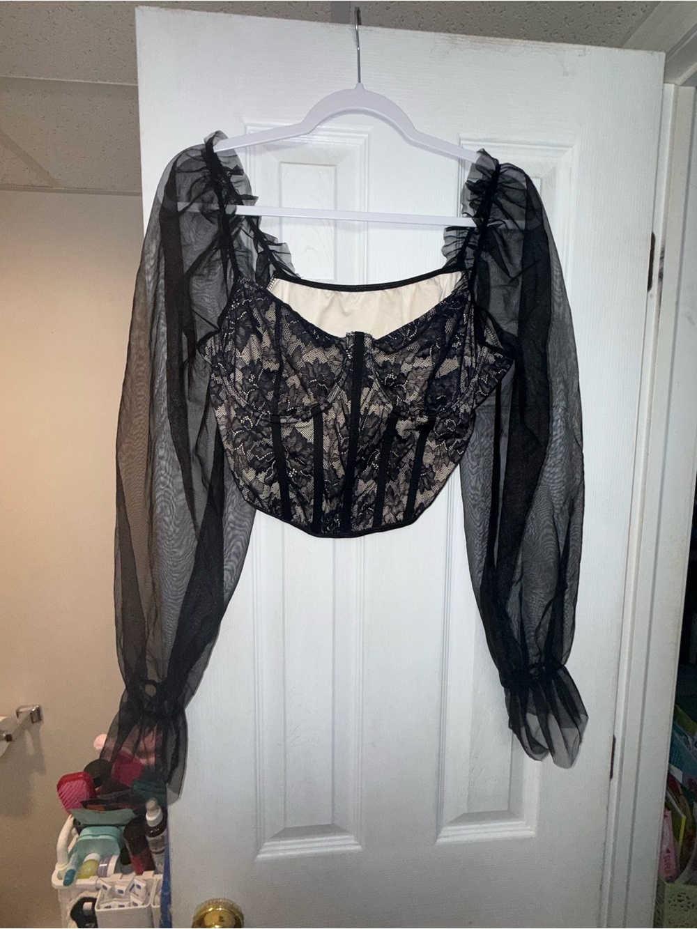 Sheer Black Lace Corset Top with Puff Sleeves